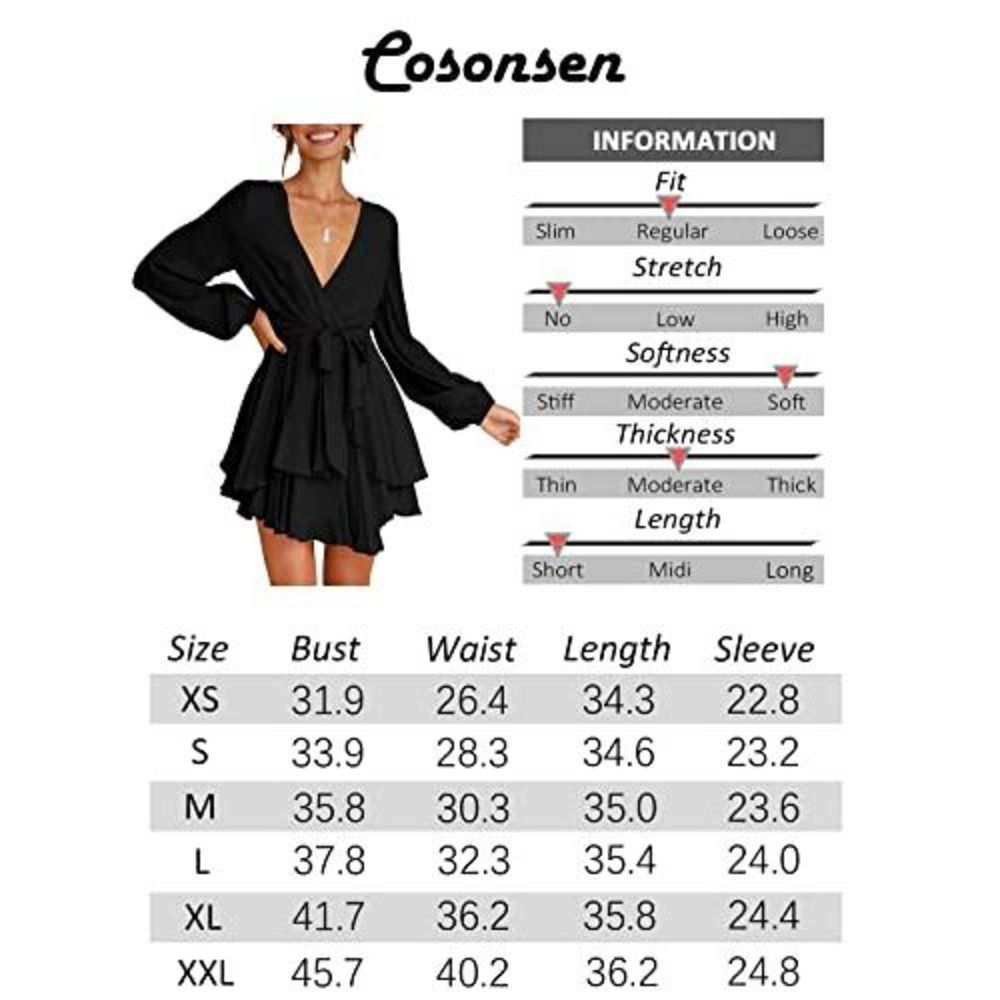 Womens Skater Dress Deep V-Neck Lantern Sleeve Tie Waist Ruffle Mini Dress Black